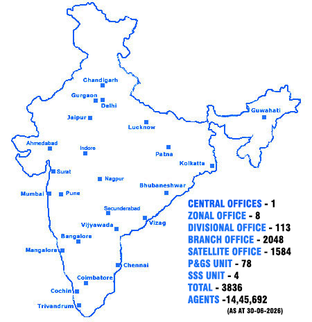 भारत में भारतीय जीवन बीमा निगम (LIC) की शाखाएं, मंडल, और क्षेत्रीय कार्यालयों का मानचित्र